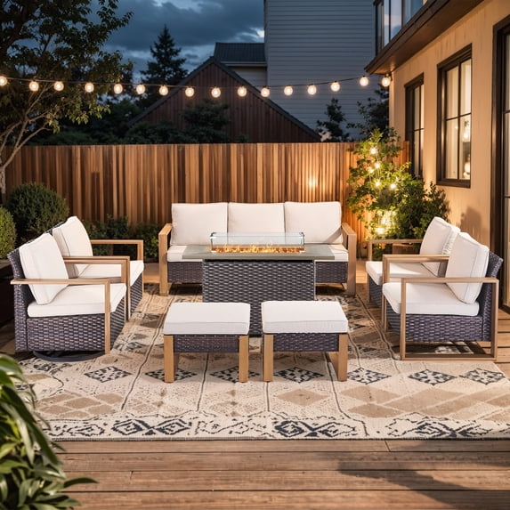 Giantfurnni 8 Piece Patio Furniture Set with Propane Fire Pit Table, Wicker Outdoor Conversation Set with 2 Swivel Rocker Chairs, 2 Club Chairs, 2 Ottomans and Rattan Sofa for Deck Backyard
