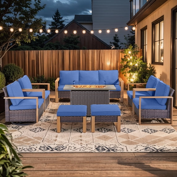 Giantfurnni 8 Piece Patio Furniture Set with Propane Fire Pit Table, Wicker Outdoor Conversation Set with 2 Swivel Rocker Chairs, 2 Club Chairs, 2 Ottomans and Rattan Sofa for Deck Backyard