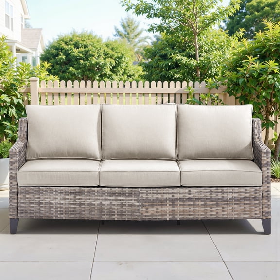 Giantfurnni All-Weather Wicker 3-Seat Patio Sofa Deep Seat Couch with Removable 4-Inch Beige Cushions
