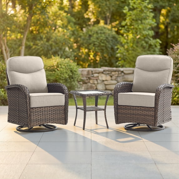 Giantfurnni Luxury 3 Pieces Patio Furniture Set Wicker Outdoor High Back Swivel Rocker Glider Chairs Set of 2 with Side Table and 6 Inch Cushions