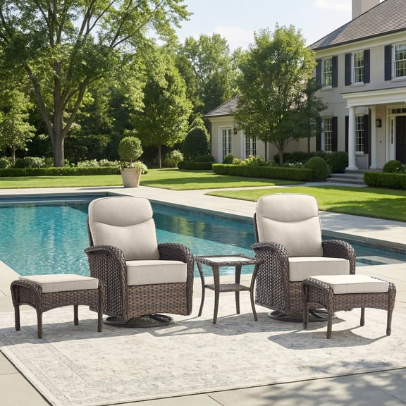 Giantfurnni Luxury 5 Pieces Patio Furniture Set Wicker Outdoor High Back Swivel Rocker Glider Chairs Set of 2 with 2 Ottomans, Side Table and 6 Inch Cushions