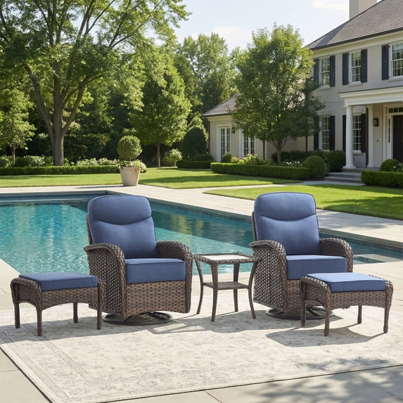 Giantfurnni Luxury 5 Pieces Patio Furniture Set Wicker Outdoor High Back Swivel Rocker Glider Chairs Set of 2 with 2 Ottomans, Side Table and 6 Inch Cushions