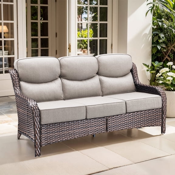 Giantfurnni Luxury Outdoor Furniture High Back Patio Sofa, Oversized 3-Seater Couch with 6'' Thick Cushions, Ideal for Porch, Poolside, Deck, Yard, Brown Wicker Beige Cushions