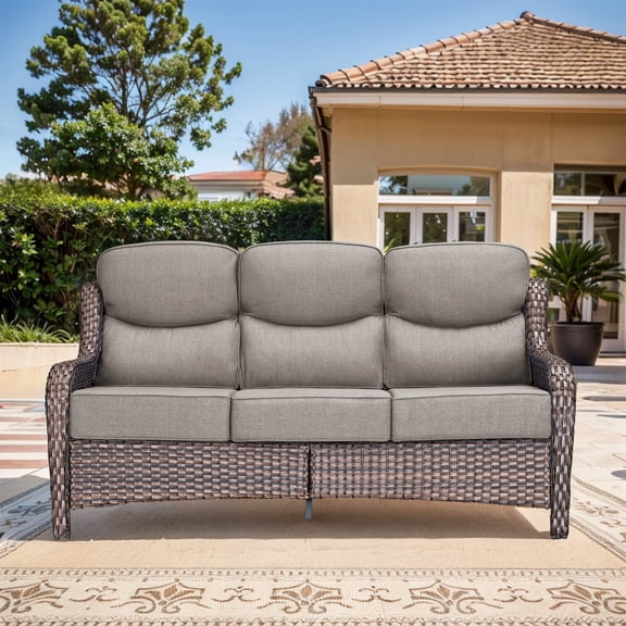 Giantfurnni Luxury Outdoor Furniture High Back Patio Sofa, Oversized 3-Seater Couch with 6'' Thick Cushions, Ideal for Porch, Poolside, Deck, Yard, Brown Wicker Grey Cushions