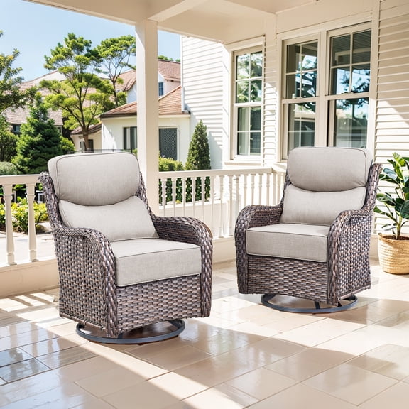Giantfurnni Luxury Outdoor Swivel Rocker Patio Chair with 6-Inch Thick Cushion, High Back Wicker Patio Rocking Glider, Ideal for Porch, Deck, Yard, Brown Wicker Beige Cushions