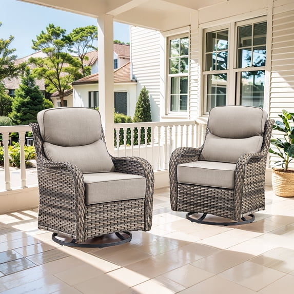Giantfurnni Luxury Outdoor Swivel Rocker Patio Chair with 6-Inch Thick Cushion, High Back Wicker Patio Rocking Glider, Ideal for Porch, Deck, Yard, Grey Wicker Beige Cushions