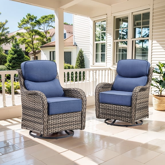 Giantfurnni Luxury Outdoor Swivel Rocker Patio Chair with 6-Inch Thick Cushion, High Back Wicker Patio Rocking Glider, Ideal for Porch, Deck, Yard, Grey Wicker Blue Cushions
