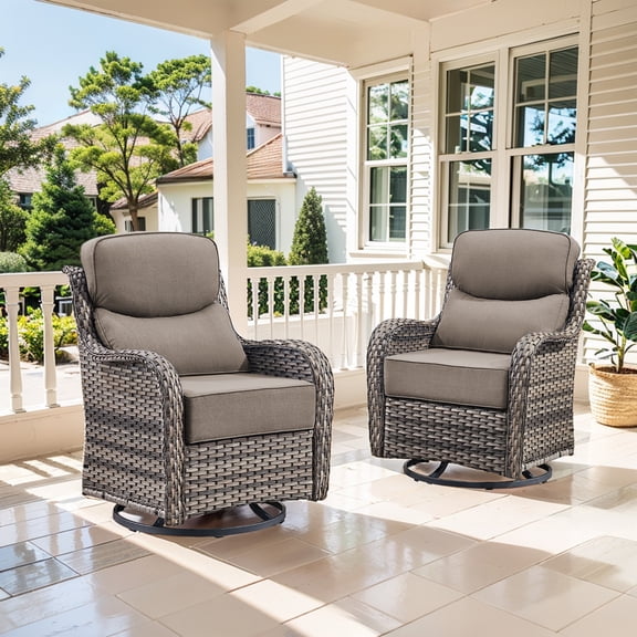 Giantfurnni Luxury Outdoor Swivel Rocker Patio Chair with 6-Inch Thick Cushion, High Back Wicker Patio Rocking Glider, Ideal for Porch, Deck, Yard, Grey Wicker Grey Cushions