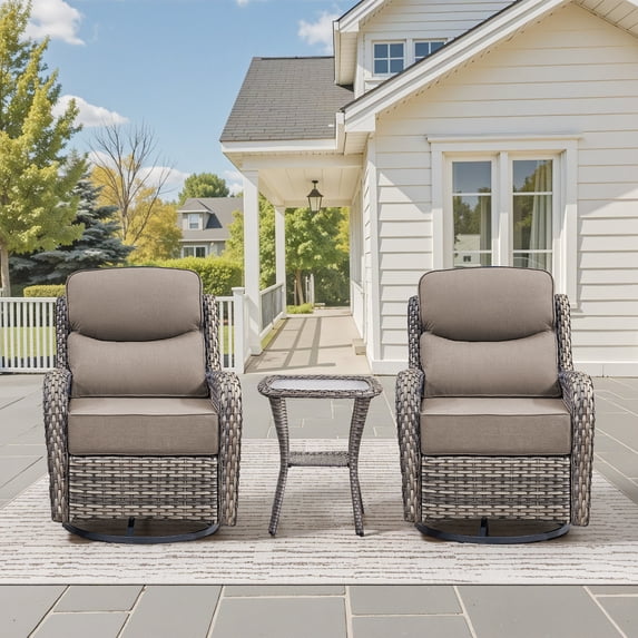 Giantfurnni Luxury Outdoor Swivel Rocker Patio Chairs of 2 with 6 Inch Thick Cushions and Side Table, 3PCS High Back Wicker Patio Furniture Set for Porch, Balcony, Deck in Grey Wicker Grey Cushions