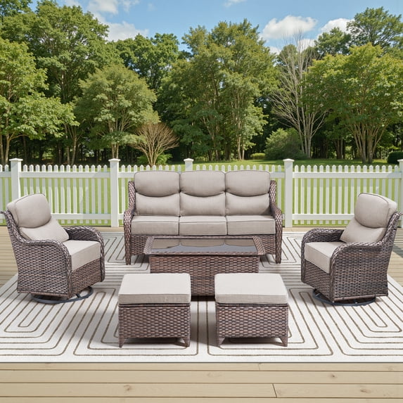Giantfurnni Luxury Wicker Patio Furniture with 6-inch Extra Thick Cushions, 6 PCS High Back Outdoor Conversation Set for Yard, Deck, Poolside, Brown Wicker/Beige Cushions