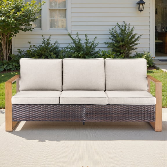 Giantfurnni Outdoor 3-Seat Sofa Wicker Patio Couch Furniture with Brown Wicker Beige Cushions