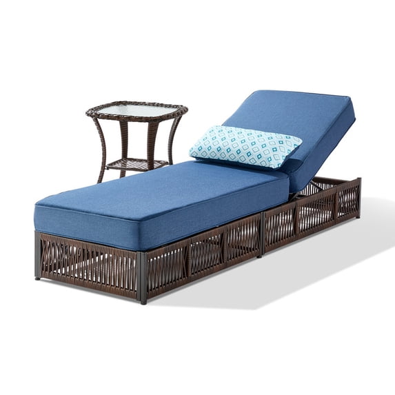 Giantfurnni Outdoor Chaise Lounge Chair with Side Table, Patio Wicker Rattan Adjustable Backrest Reclining Relaxing Lounger with Cushions for Poolside Porch Balcony, Blue