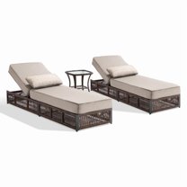 Giantfurnni Outdoor Chaise Lounge Chairs Set of 2 with Side Table, Patio Wicker Rattan Adjustable Backrest Reclining Relaxing Lounger with Cushions for Poolside Porch Balcony, Beige