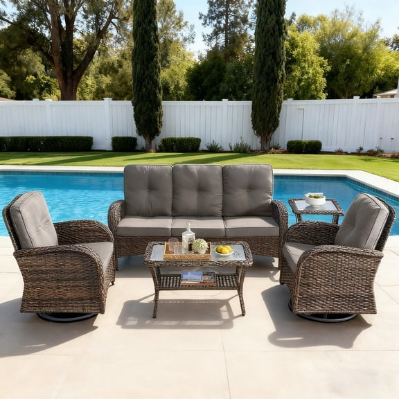Giantfurnni Outdoor Furniture Sets with Swivel Rocking Chairs, 5 Piece Patio Wicker Conversation Sofas with Coffee Table and Side Table for Backyard Porch Garden, Gray