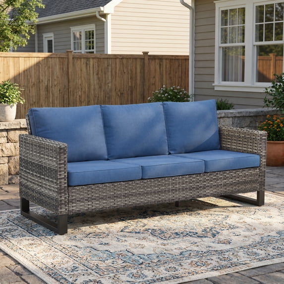 Giantfurnni Outdoor Patio 3-Seat Sofa,All-Weather WIcker Patio Couch with Square Armrest,Outdoor Conversation Sofa for Deck Porch Garden Backyard