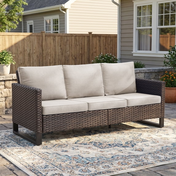 Giantfurnni Outdoor Patio 3-Seat Sofa,All-Weather WIcker Patio Couch with Square Armrest,Outdoor Conversation Sofa for Deck Porch Garden Backyard