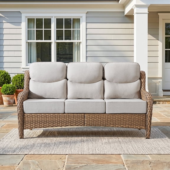 Giantfurnni Outdoor Patio 3-Seater Sofa High Back Wicker Rattan Couch with 6" Thick Cushions
