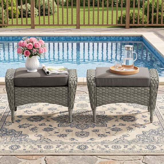 Giantfurnni Outdoor Patio Ottoman Set of 2, Wicker Foot Rest Stools with Removable Cushions