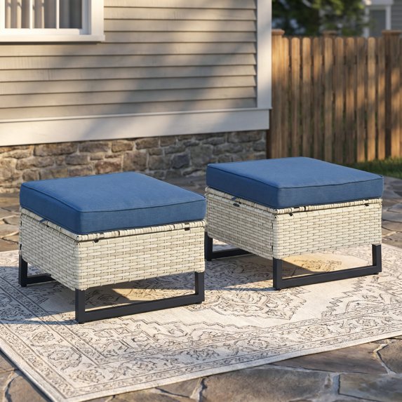 Giantfurnni Outdoor Patio Ottomans,All-Weather Wicker Ottomans Set of 2 with Cushions,Patio Footrest for Balcony Deck Porch Poolside,LightBeige Wicker