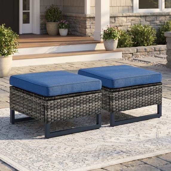 Giantfurnni Outdoor Patio Ottomans,All-Weather Wicker Ottomans Set of 2 with Cushions,Patio Footrest for Balcony Deck Porch Poolside,Gray Wicker