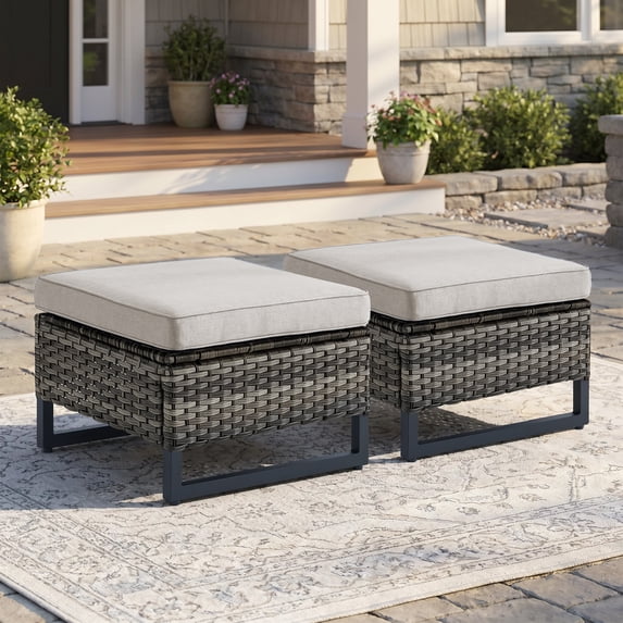 Giantfurnni Outdoor Patio Ottomans,All-Weather Wicker Ottomans Set of 2 with Cushions,Patio Footrest for Balcony Deck Porch Poolside,Gray Wicker