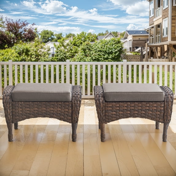 Giantfurnni Outdoor Patio Ottomans Set of 2, All Weather Rattan Wicker Footstool Footrest Seat with Removable Cushions