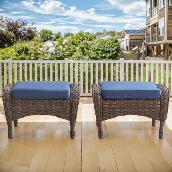 Giantfurnni Outdoor Patio Ottomans Set of 2, All Weather Rattan Wicker Footstool Footrest Seat with Removable Cushions