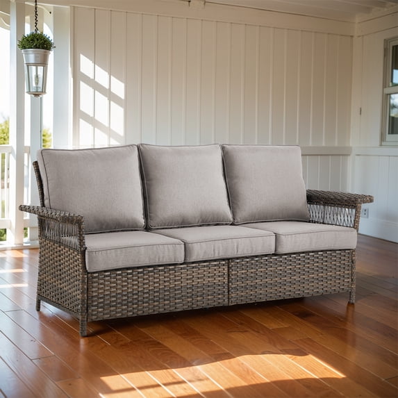 Giantfurnni Outdoor Patio Sofa,All-Weather 3-Seat Sofa with High Back & Wide Armrest,Outdoor Rattan Couch for Porch Deck Balcony Garden Lawn,Gray Cushion