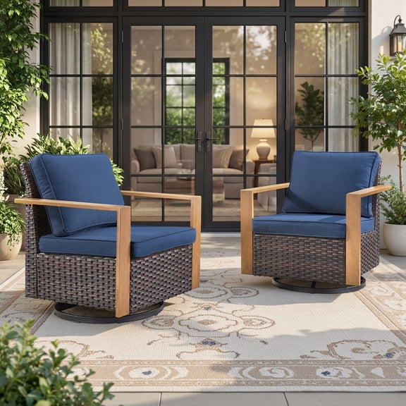 Giantfurnni Outdoor Swivel Rocker Chairs Set of 2 with Metal Wide Armrests, Patio Wicker Swivel Glider for Porch, Deck, Sunroom, Backyard