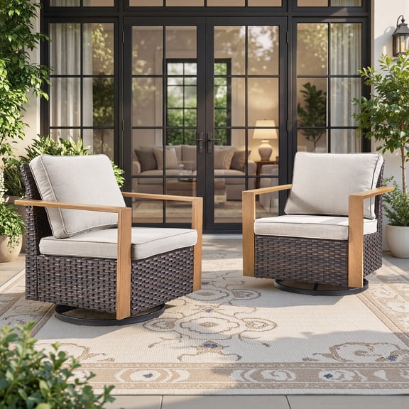 Giantfurnni Outdoor Swivel Rocker Chairs Set of 2 with Metal Wide Armrests, Patio Wicker Swivel Glider for Porch, Deck, Sunroom, Backyard