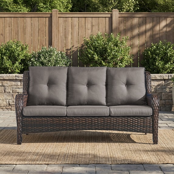 Giantfurnni Outdoor Wicker 3-Seater Deep Seat Rattan Sofa with Removable Cushion, Patio, Balcony, Deck Furniture