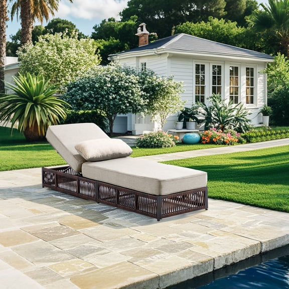 Giantfurnni Outdoor Wicker Chaise Lounge Recliner Chair with 5-Inch Thick Cushions, Rattan Reclining Lounger for Patio, Porch, Poolside