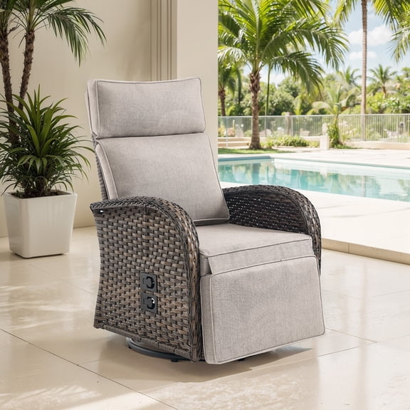Giantfurnni Outdoor Wicker Swivel Reclining Chair with Adjustable Back and Footrest, All-Weather Rattan Recliner Chaise Lounge with Beige Cushions for Poolside Balcony Deck