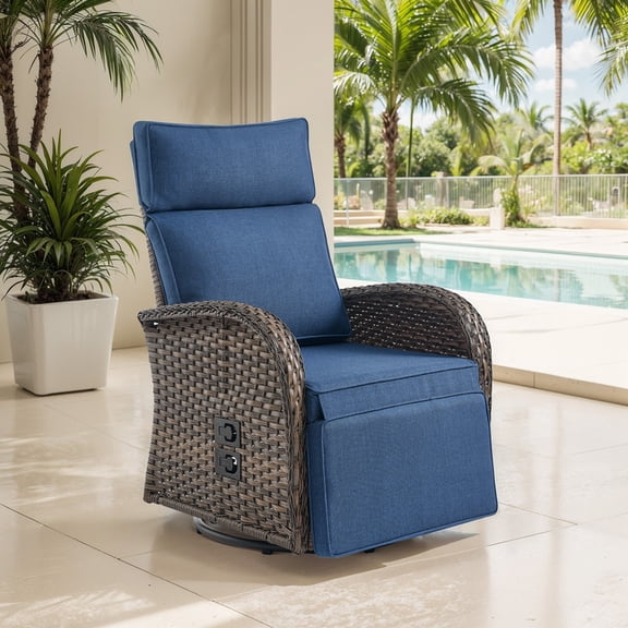 Giantfurnni Outdoor Wicker Swivel Reclining Chair with Adjustable Back and Footrest, All-Weather Rattan Recliner Chaise Lounge with Blue Cushions for Poolside Balcony Deck