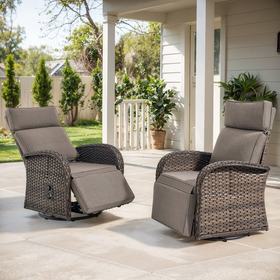 Giantfurnni Outdoor Wicker Swivel Reclining Chair with Adjustable Back and Footrest Set of 2, All-Weather Rattan Recliner Chaise Lounge with Gray Cushions for Poolside Balcony Deck