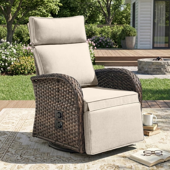 Giantfurnni Outdoor Wicker Swivel Reclining Chair Patio Chaise Lounge Chair Recliner with Adjustable Backrest and Footrest for Pool Deck