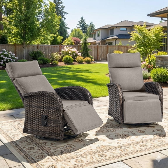 Giantfurnni Outdoor Wicker Swivel Reclining Chair Set of 2, Patio Chaise Lounge Chair Recliner with Adjustable Backrest and Footrest for Pool Deck