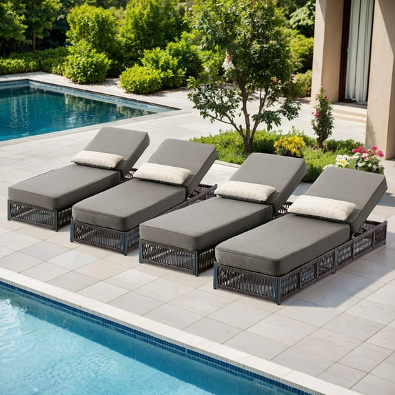 Giantfurnni Patio Wicker Chaise Lounges Set of 4, Outdoor Cushioned Reclining Lounger Chairs with Adjustable Backrest for Poolside Porch Deck, Gray