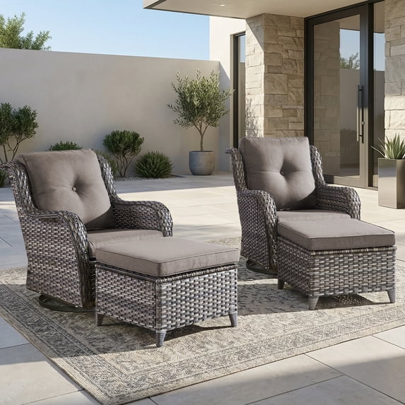 Giantfurnni Wicker Outdoor Furniture Patio Swivel Rocker Glider Chairs with Ottomans Set for Porch Balcony Deck Yard