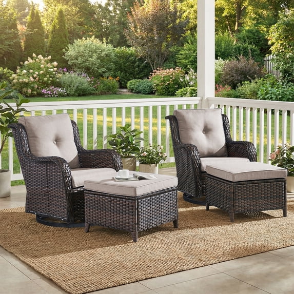Giantfurnni Wicker Outdoor Furniture Patio Swivel Rocker Glider Chairs with Ottomans Set for Porch Balcony Deck Yard