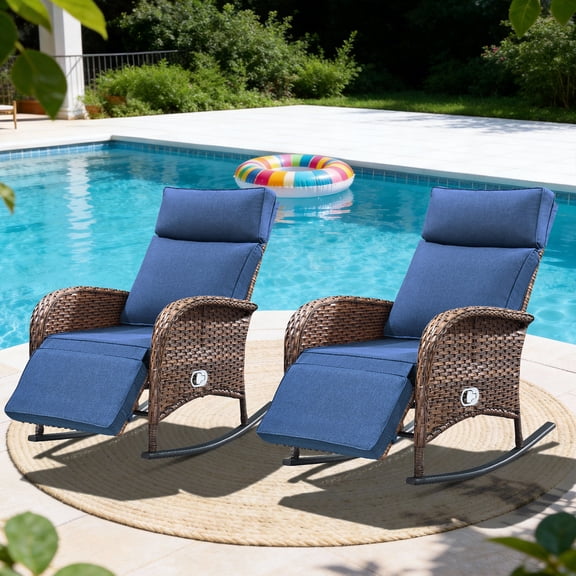 Giantfurnni Wicker Outdoor Lounge Chair Patio Zero Gravity Rocking Recliner Chair Set of 2 with Adjustable Backrest & Footrest for Pool Deck
