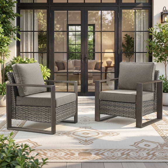 Giantfurnni Wicker Patio Chairs Set of 2 Outdoor Club Chair Set with Metal Wide Armrests for Porch Deck Sunroom Backyard