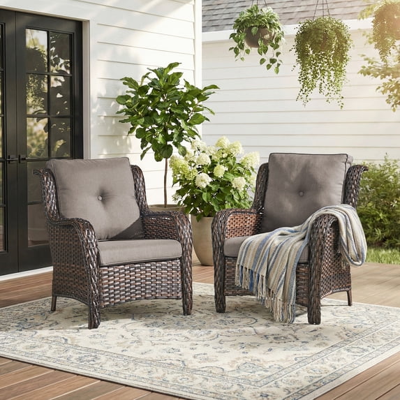 Giantfurnni Wicker Patio Chairs Set of 2, Outdoor Lounge Chairs with Cushions for Porch Balcony Backyard, Brown Wicker and Grey Cushions