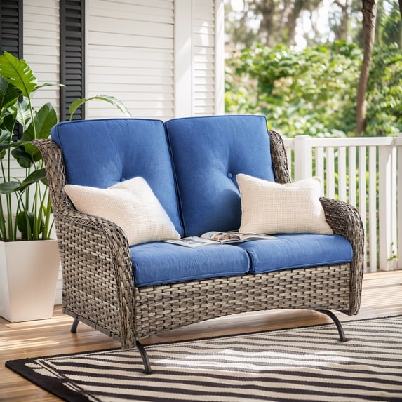 Giantfurnni Wicker Patio Glider Loveseat, Outdoor Bench for 2 Person, Set for Porch Garden Balcony