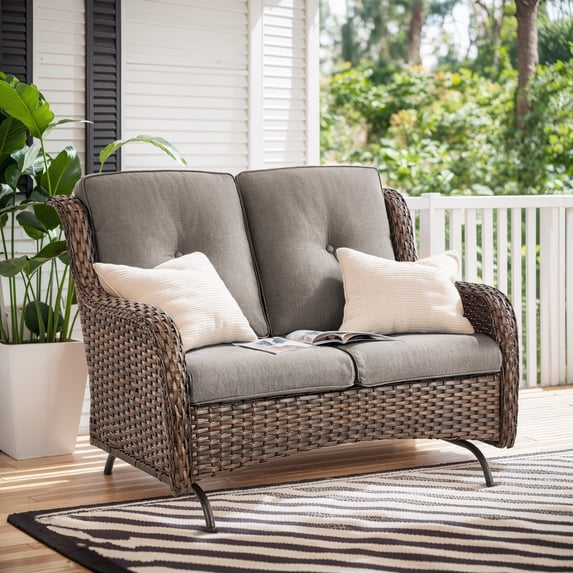 Giantfurnni Wicker Patio Glider Loveseat, Outdoor Bench for 2 Person, Set for Porch Garden Balcony