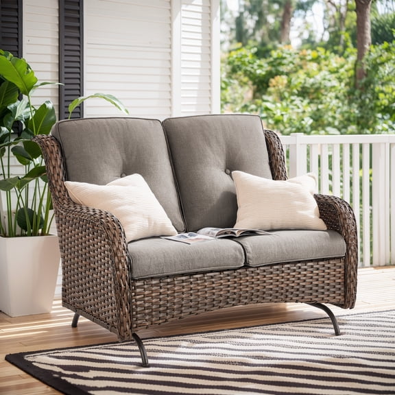 Giantfurnni Wicker Patio Glider Loveseat, Outdoor Bench for 2 Person, Set for Porch Garden Balcony