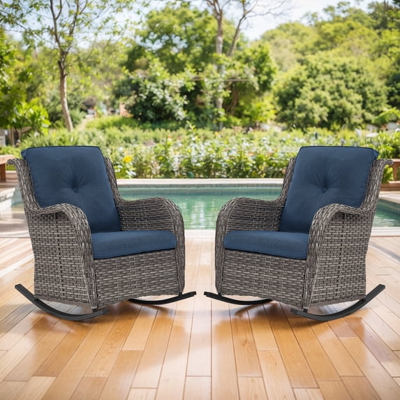 Giantfurnni Wicker Patio Rocking Chairs Set of 2,High Back Rocking Chair with Cushions, Patio Rocker Chair Set for Porch,Blacony,Yard