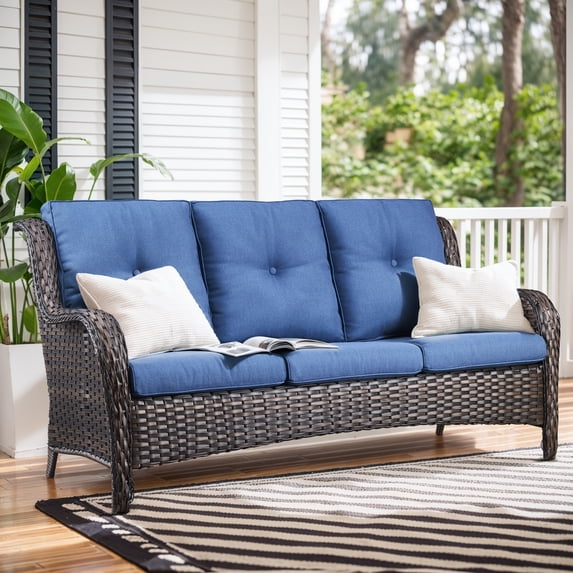 Giantfurnni Wicker Patio Sofa, Outdoor 3-Seat Sofa with Cushions for Porch Balcony Patio