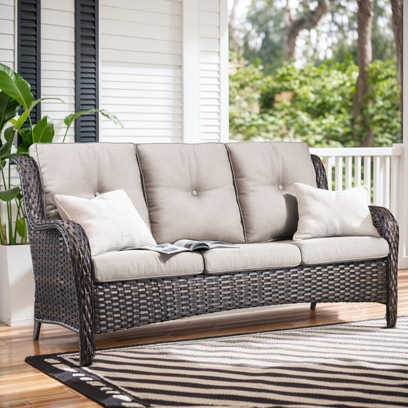Giantfurnni Wicker Patio Sofa, Outdoor 3-Seat Sofa with Cushions for Porch Balcony Patio