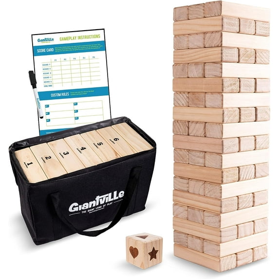 Giantville 54-Piece Giant Wooden Stacking Tumble Blocks with Dice Tower Floor Game for Kids & Adults, Jumbo Junior